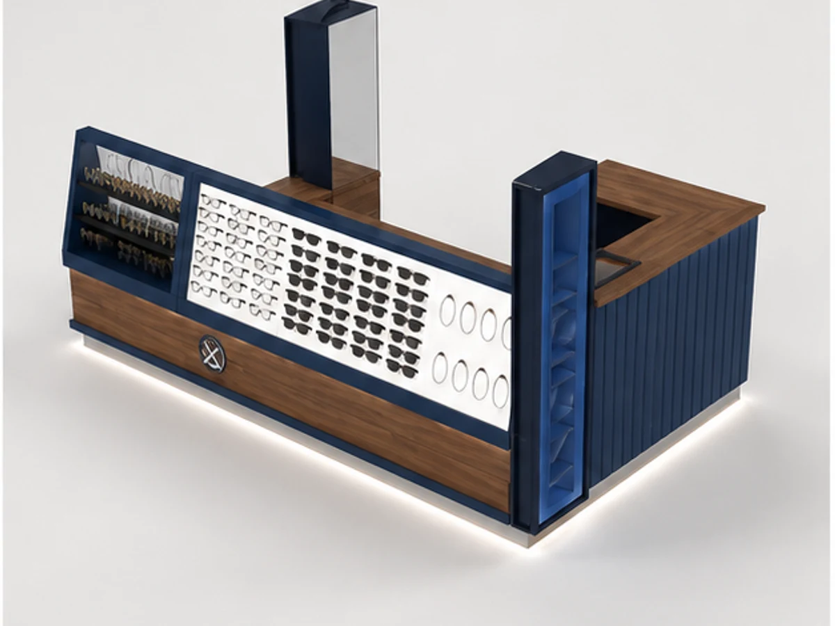 Open Glass Display Showcase Sunglasses Mall Kiosk Blue Retro Eyewear Counter staff storage and display detail