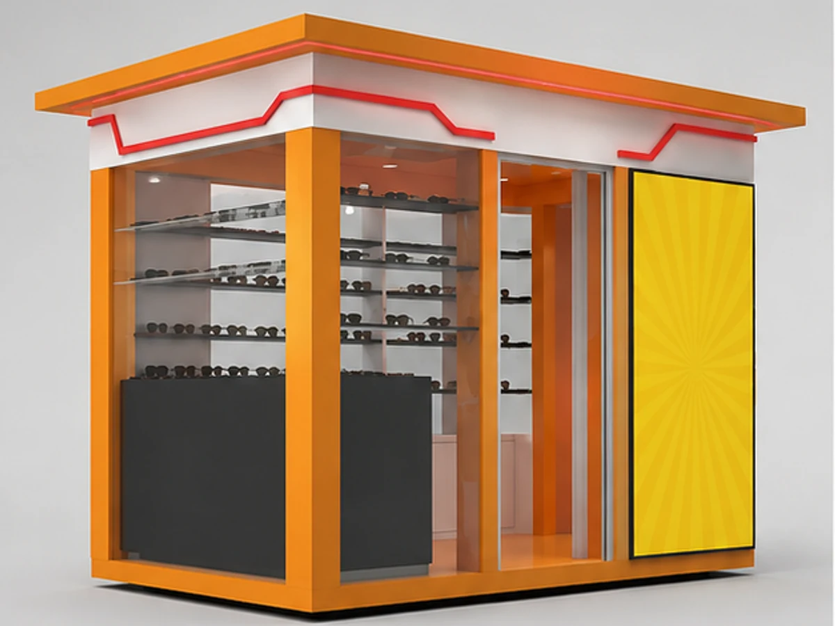Outdoor sunglasses display kiosk | high quality glasses working counter main mall-facing view