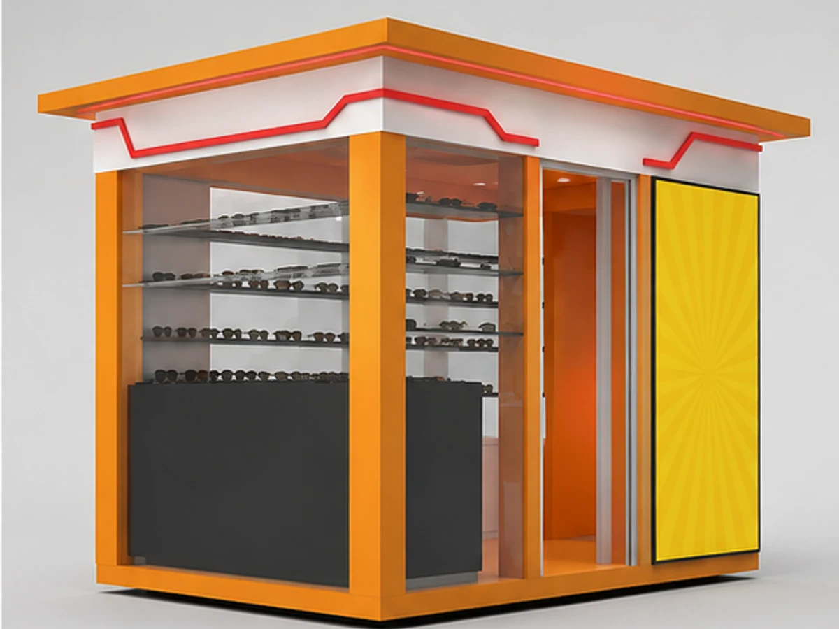 Outdoor sunglasses display kiosk | high quality glasses working counter angled eyewear display view