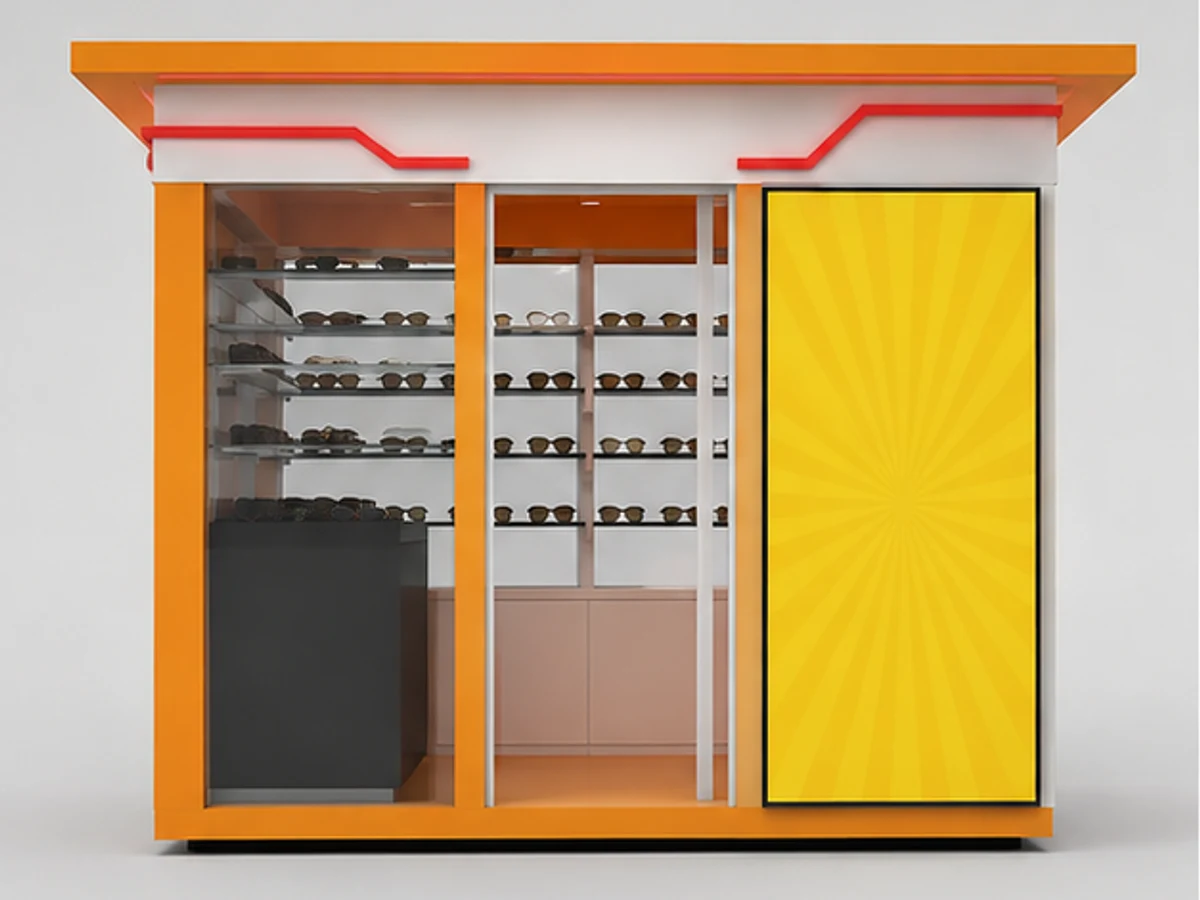Outdoor sunglasses display kiosk | high quality glasses working counter mirror and frame browsing area
