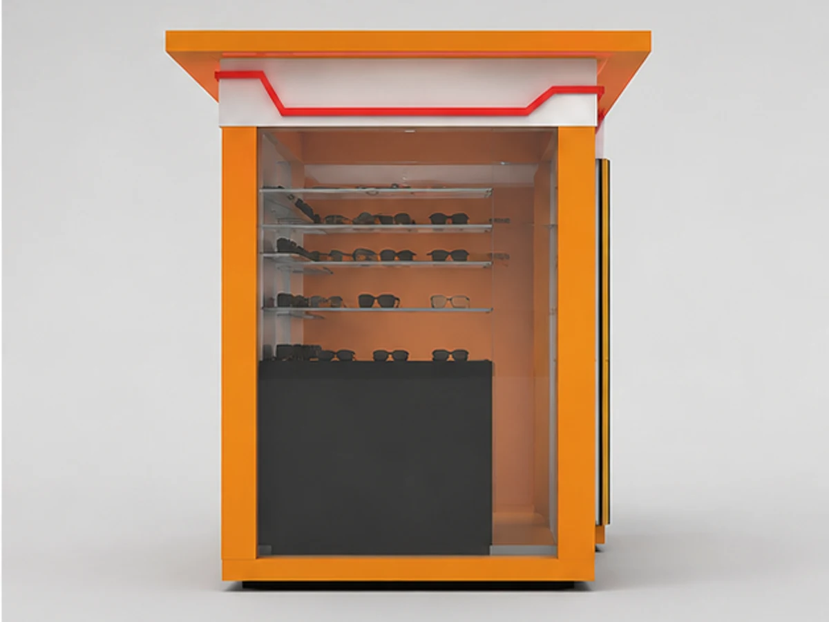 Outdoor sunglasses display kiosk | high quality glasses working counter staff storage and display detail