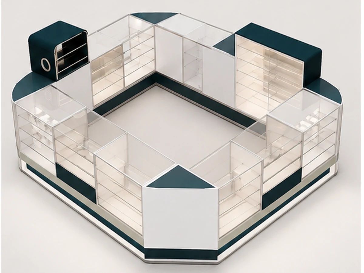 Practical Glasses Outlets Sunglasses Display Kiosk Retail Optical Showcase staff storage and display detail