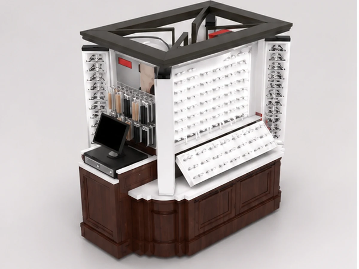 Practical Sunglasses Kiosk Custom Eyewear Small Booth main mall-facing view