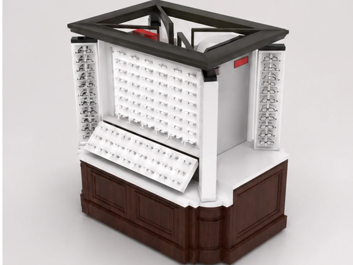 Practical Sunglasses Kiosk Custom Eyewear Small Booth angled eyewear display view