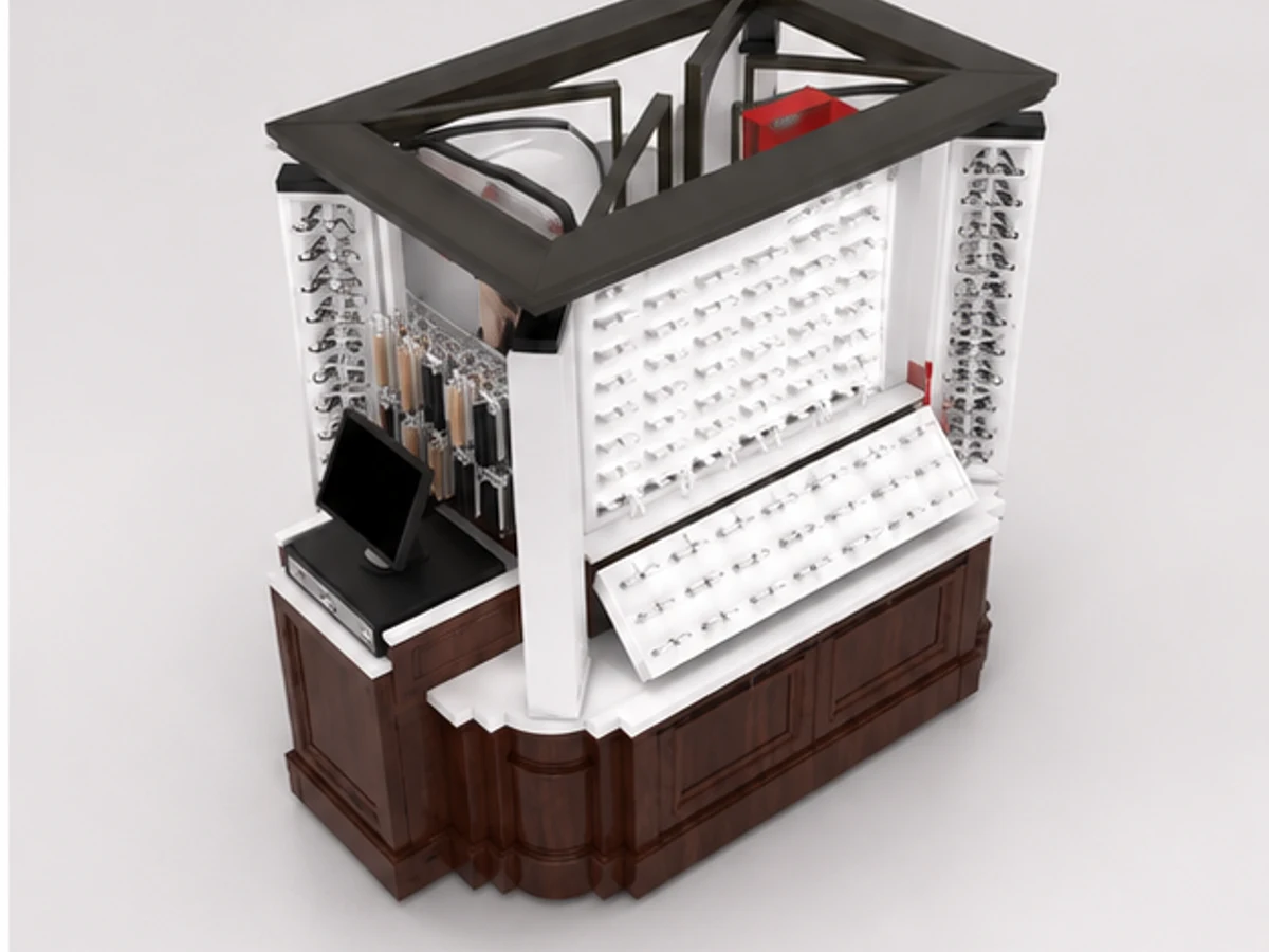 Practical Sunglasses Kiosk Custom Eyewear Small Booth staff storage and display detail