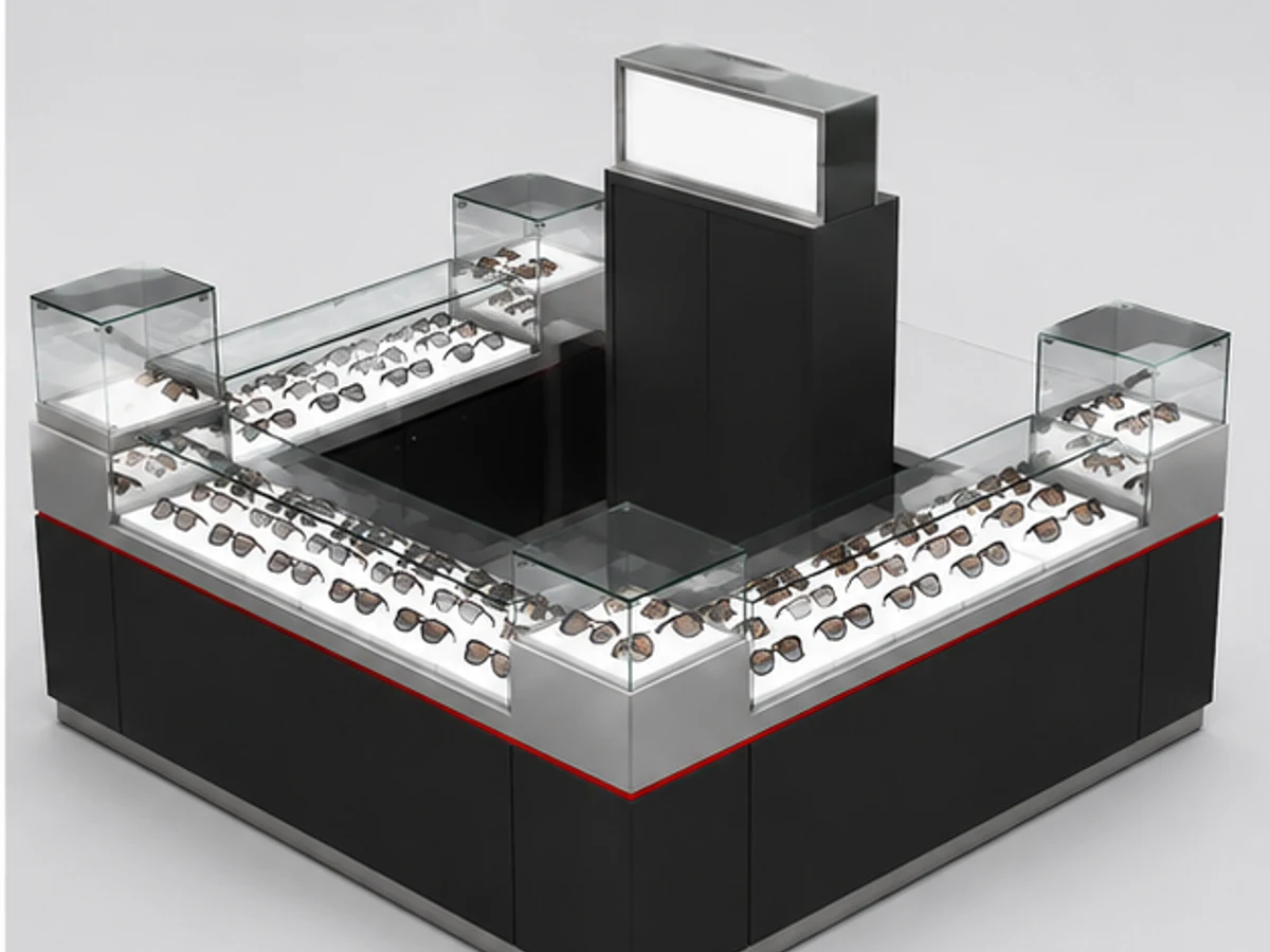 Ray.Ben sunglasses kiosk booth design in mall for sale angled eyewear display view
