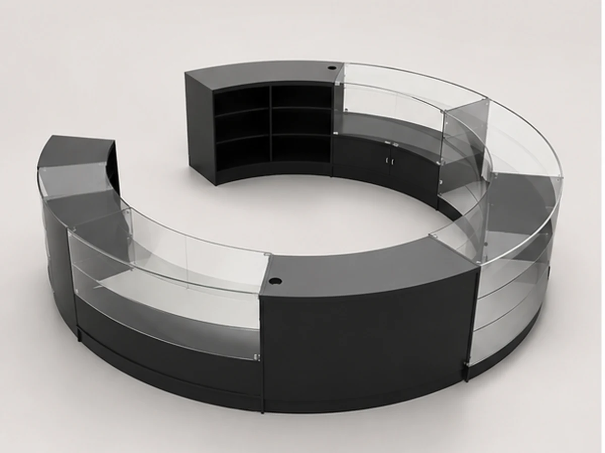 Retail glass display kiosk sunglasses kiosk for mall circular-shape kiosk main mall-facing view