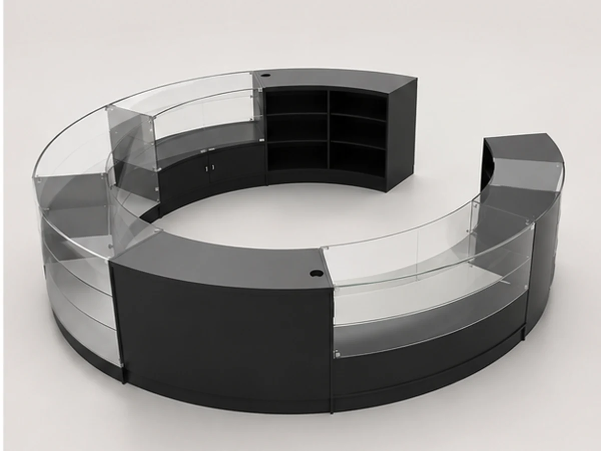 Retail glass display kiosk sunglasses kiosk for mall circular-shape kiosk angled eyewear display view