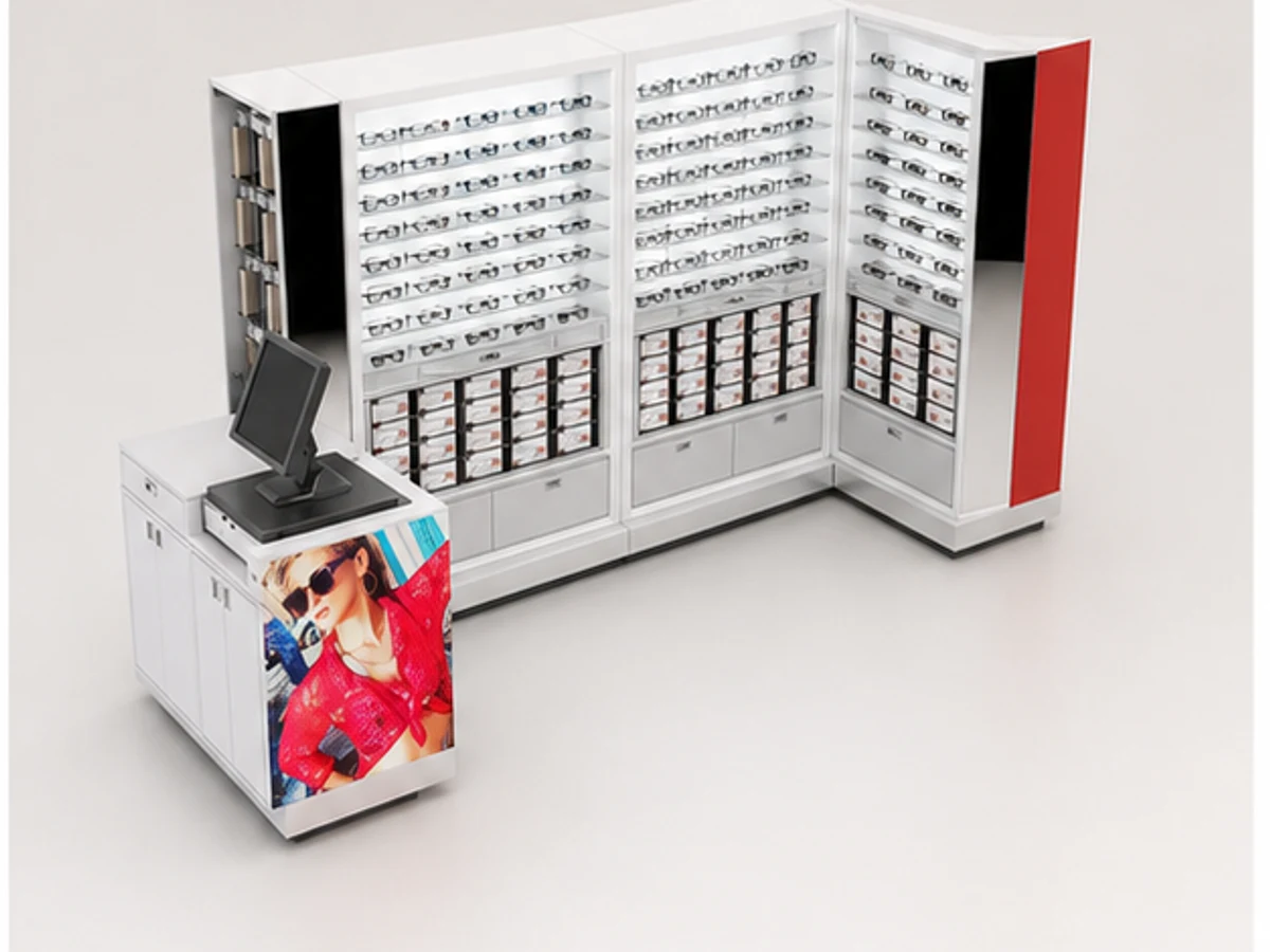 Retail Small Sunglasses Display Kiosk Mini Mall Eyeglasses Display Cabinet staff storage and display detail
