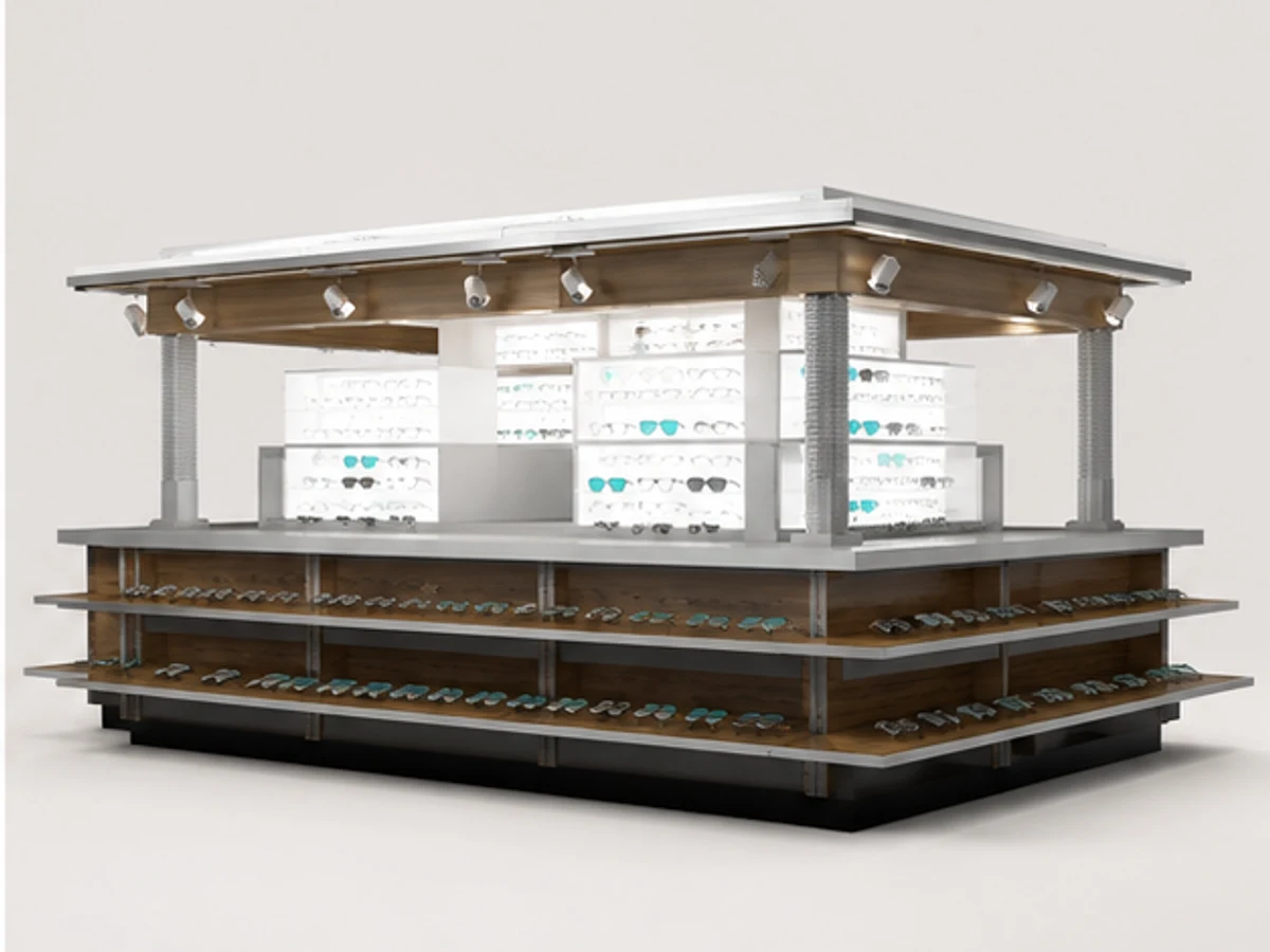 Retail Sunglasses Mall Unit Custom Sunglasses Display Kiosk Optical Display Showcase angled eyewear display view