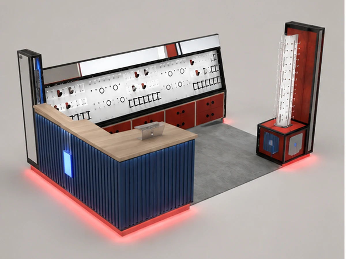 Retro Sunglasses Custom Kiosk New Wooden Eyewear Booth Indoor Stylish Optical Showcase main mall-facing view