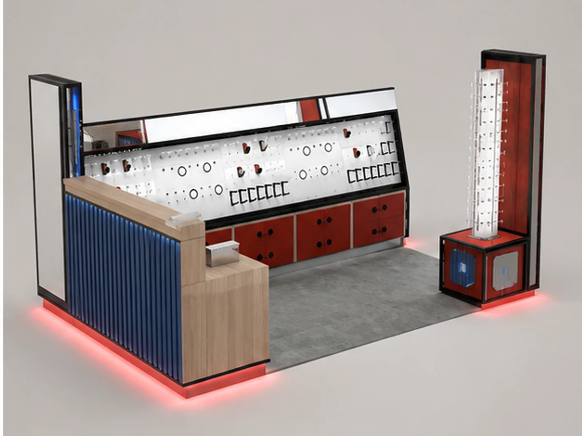 Retro Sunglasses Custom Kiosk New Wooden Eyewear Booth Indoor Stylish Optical Showcase angled eyewear display view