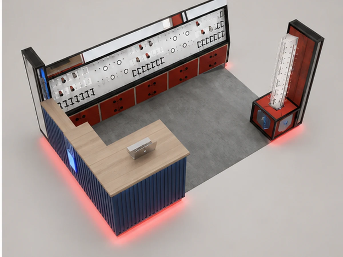 Retro Sunglasses Custom Kiosk New Wooden Eyewear Booth Indoor Stylish Optical Showcase staff storage and display detail