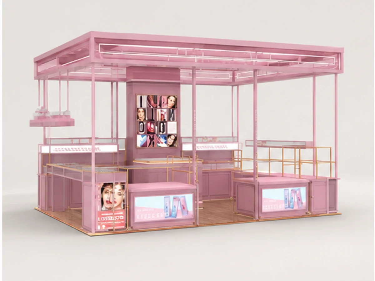Shopping Mall Contact Lenses Reselling Kiosk | Pink Style Glasses Showcase main mall-facing view
