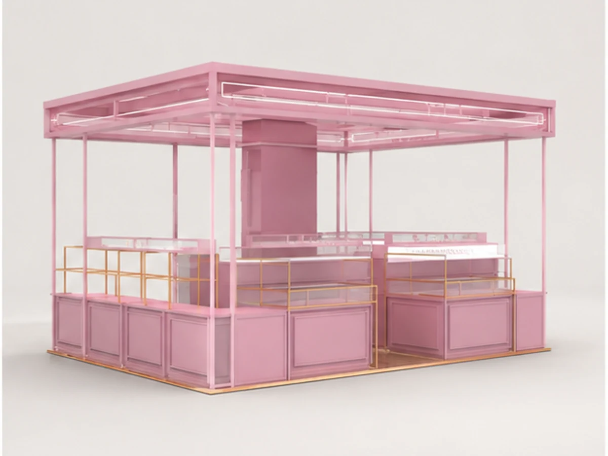 Shopping Mall Contact Lenses Reselling Kiosk | Pink Style Glasses Showcase angled eyewear display view