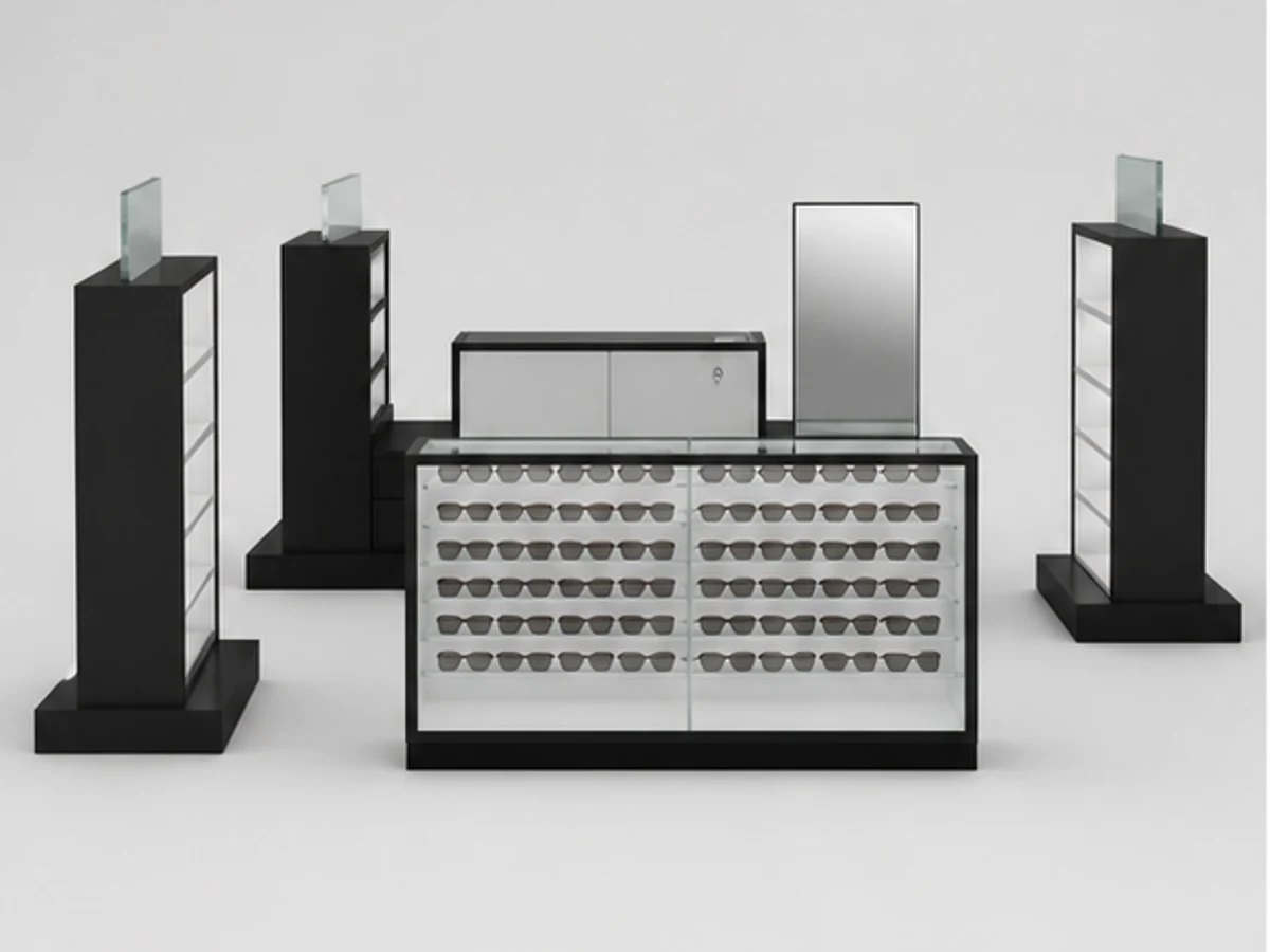 Shopping mall sunglasses display cabinet |eyeglasses independent stand mirror and frame browsing area