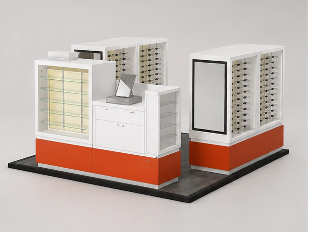 Simple Shopping Mall Sunglasses Display Kiosk Eyewear Display Showcase main mall-facing view