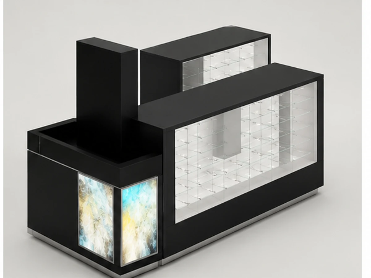 Simple Shopping Mall Sunglasses Display Kiosk New Eyewear Showcases angled eyewear display view