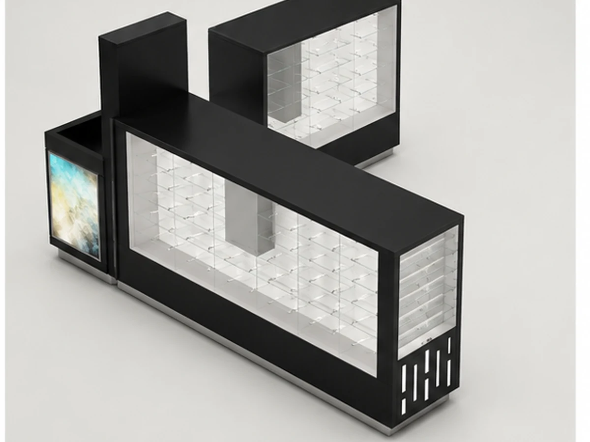 Simple Shopping Mall Sunglasses Display Kiosk New Eyewear Showcases staff storage and display detail