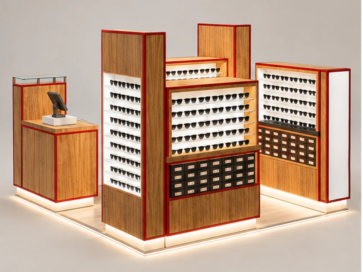 Stylish Modular Eyewear Kiosk | Portable Custom Sunglasses Display Booth for Mall Retail Pop-Up main mall-facing view