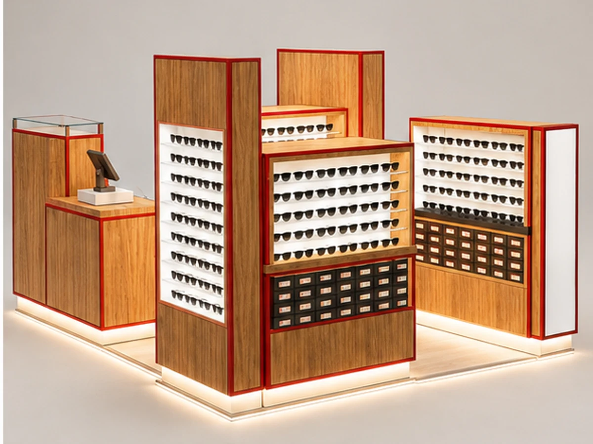 Stylish Modular Eyewear Kiosk | Portable Custom Sunglasses Display Booth for Mall Retail Pop-Up angled eyewear display view