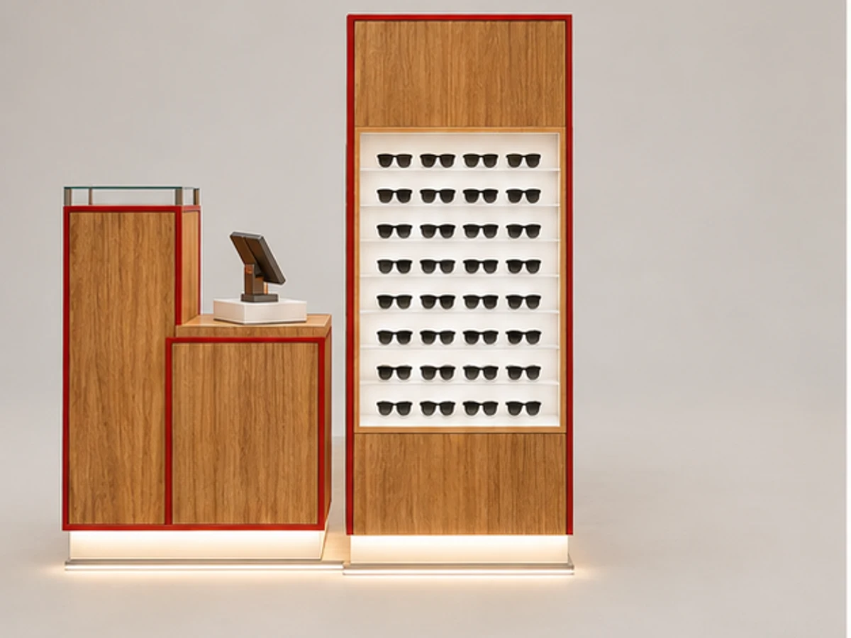 Stylish Modular Eyewear Kiosk | Portable Custom Sunglasses Display Booth for Mall Retail Pop-Up mirror and frame browsing area
