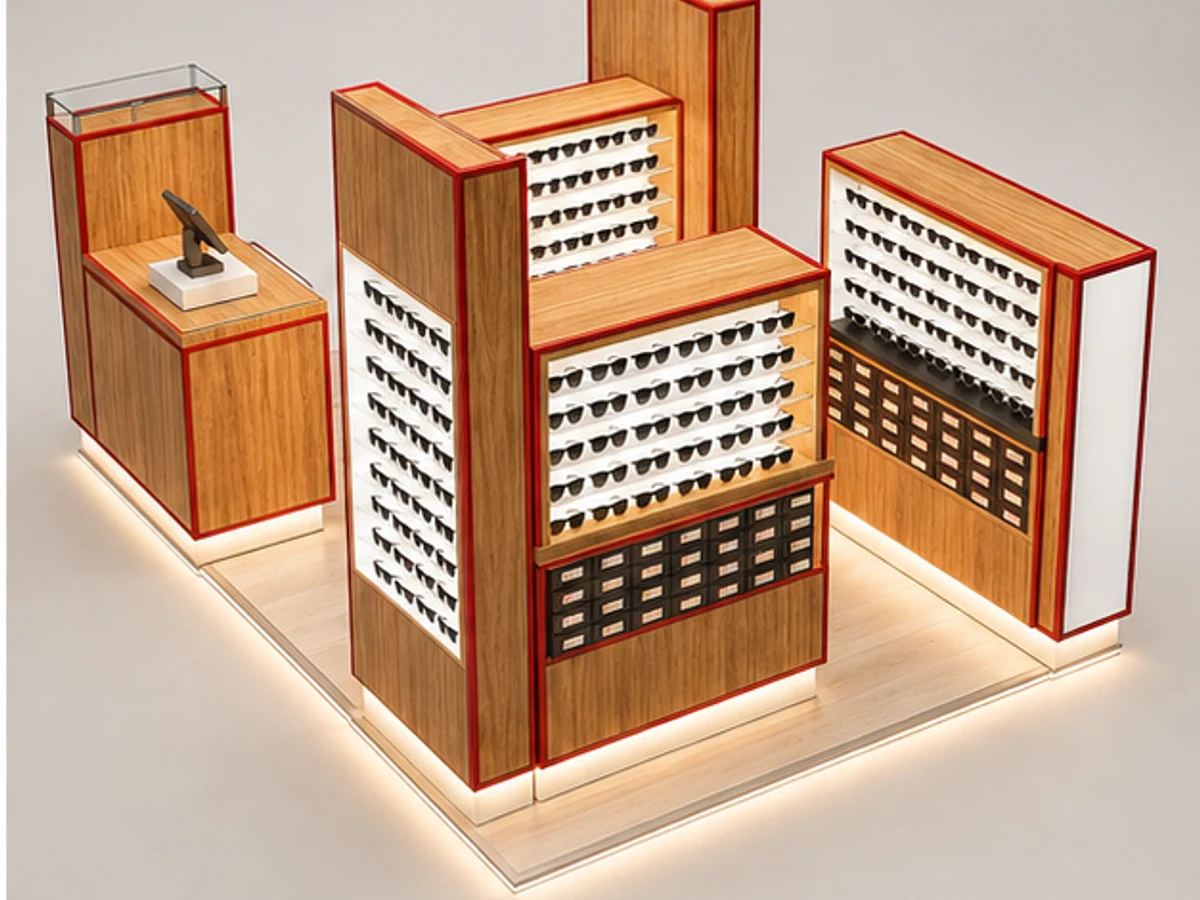 Stylish Modular Eyewear Kiosk | Portable Custom Sunglasses Display Booth for Mall Retail Pop-Up staff storage and display detail