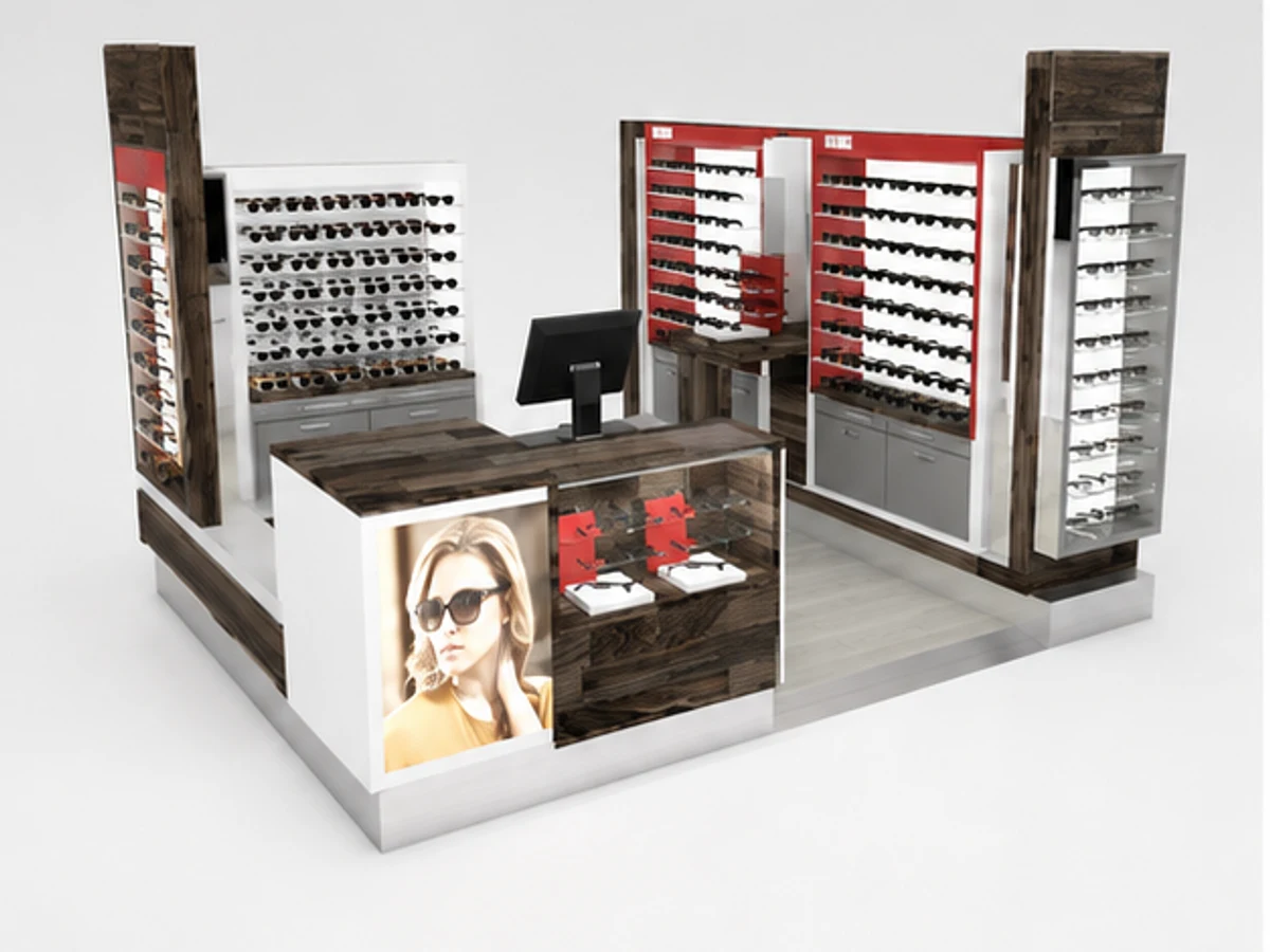 Wooden style mall sunglasses kiosk | custom attractive eyeglasses stand main mall-facing view