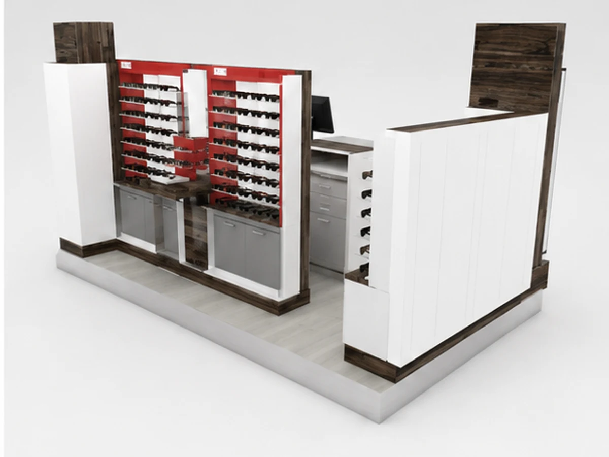 Wooden style mall sunglasses kiosk | custom attractive eyeglasses stand angled eyewear display view