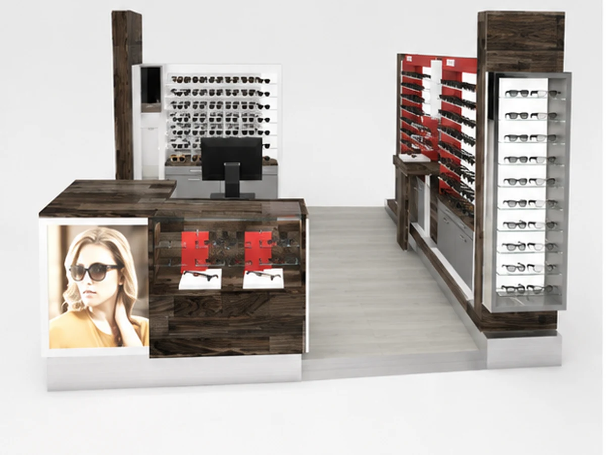 Wooden style mall sunglasses kiosk | custom attractive eyeglasses stand mirror and frame browsing area