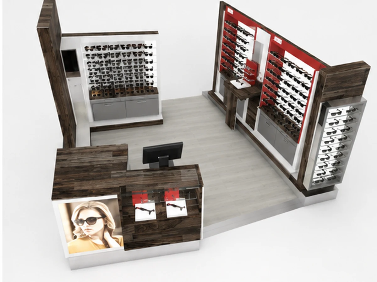 Wooden style mall sunglasses kiosk | custom attractive eyeglasses stand staff storage and display detail