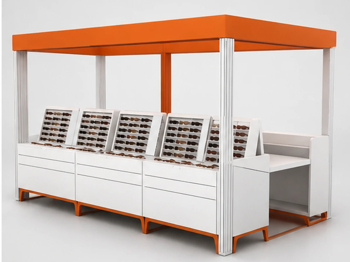 Sunglass Booth | mall used sunglass retail stands and mini stall for sale angled eyewear display view