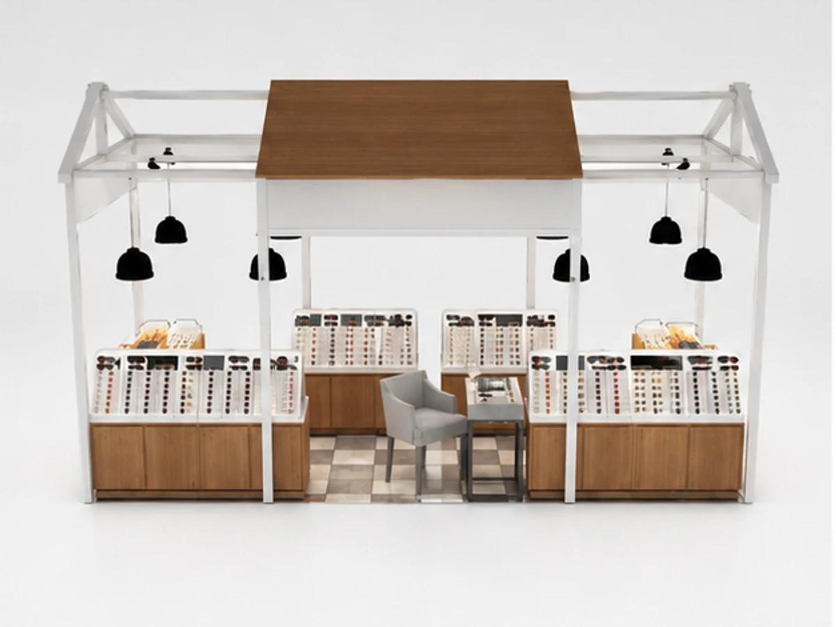 Sunglass Display Counter Retail Optical Showcase For Sale mirror and frame browsing area
