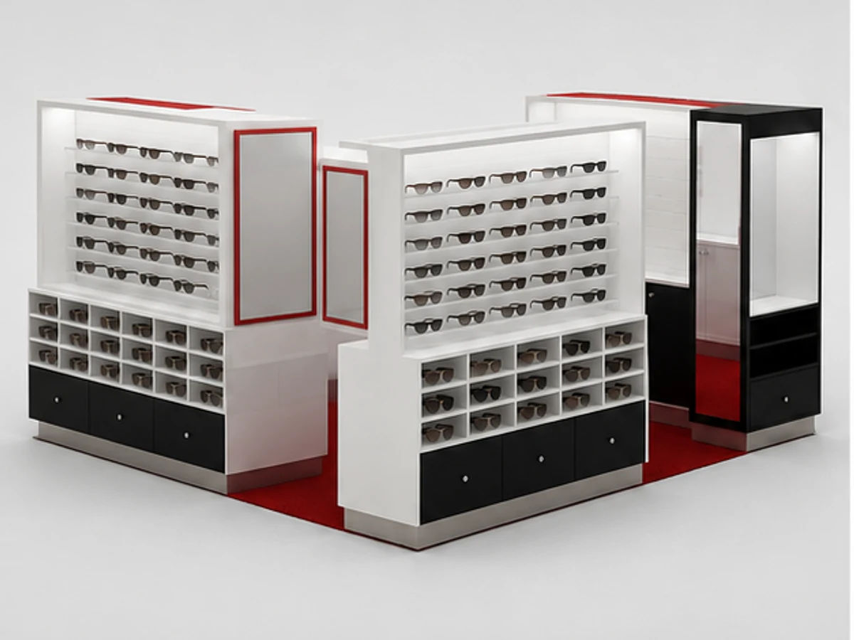 Sunglasses display cabinet | mall kiosk for eyeglasses main mall-facing view