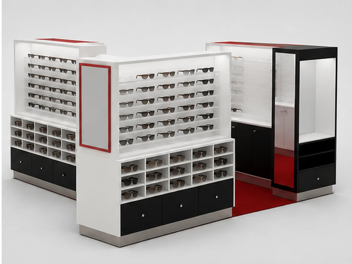 Sunglasses display cabinet | mall kiosk for eyeglasses angled eyewear display view