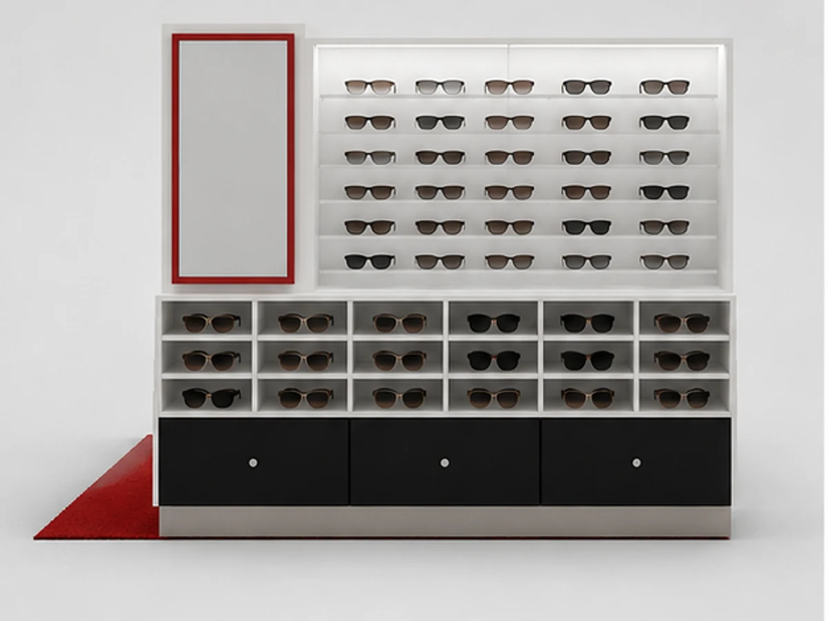 Sunglasses display cabinet | mall kiosk for eyeglasses mirror and frame browsing area
