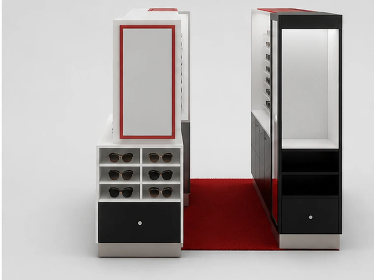 Sunglasses display cabinet | mall kiosk for eyeglasses staff storage and display detail