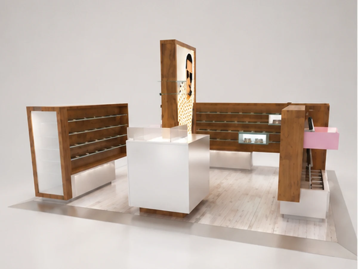Sunglasses display kiosk wooden glass display kiosk optical shop kiosk main mall-facing view