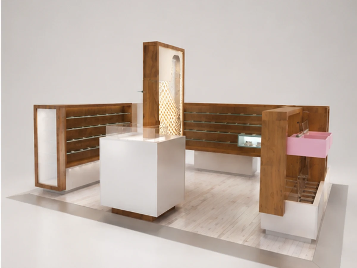 Sunglasses display kiosk wooden glass display kiosk optical shop kiosk angled eyewear display view