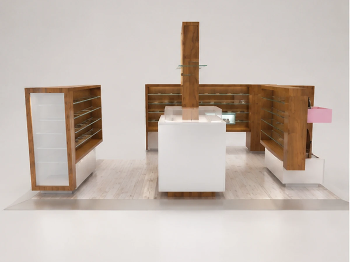 Sunglasses display kiosk wooden glass display kiosk optical shop kiosk mirror and frame browsing area