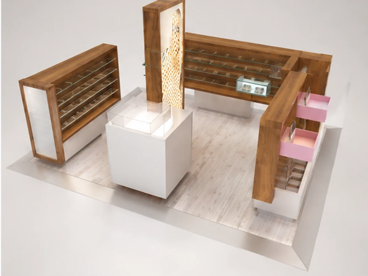 Sunglasses display kiosk wooden glass display kiosk optical shop kiosk staff storage and display detail
