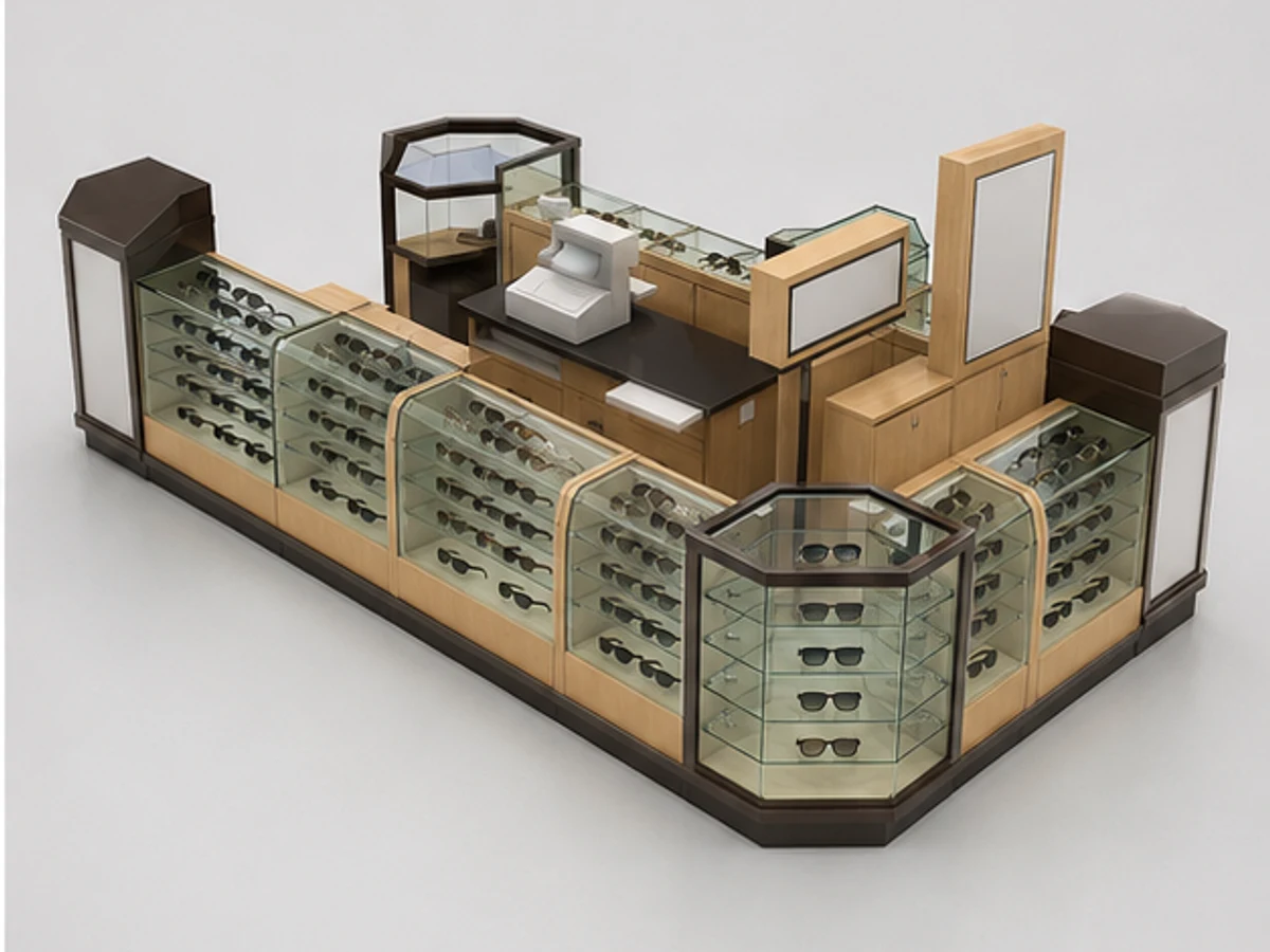 Sunglasses Kiosk & Unique Display Counter for Glass Showcase in Retail Store for Sale angled eyewear display view