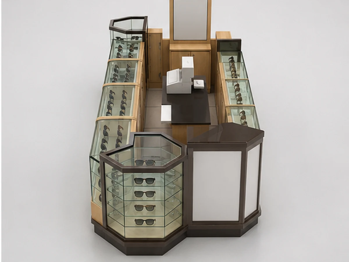 Sunglasses Kiosk & Unique Display Counter for Glass Showcase in Retail Store for Sale staff storage and display detail