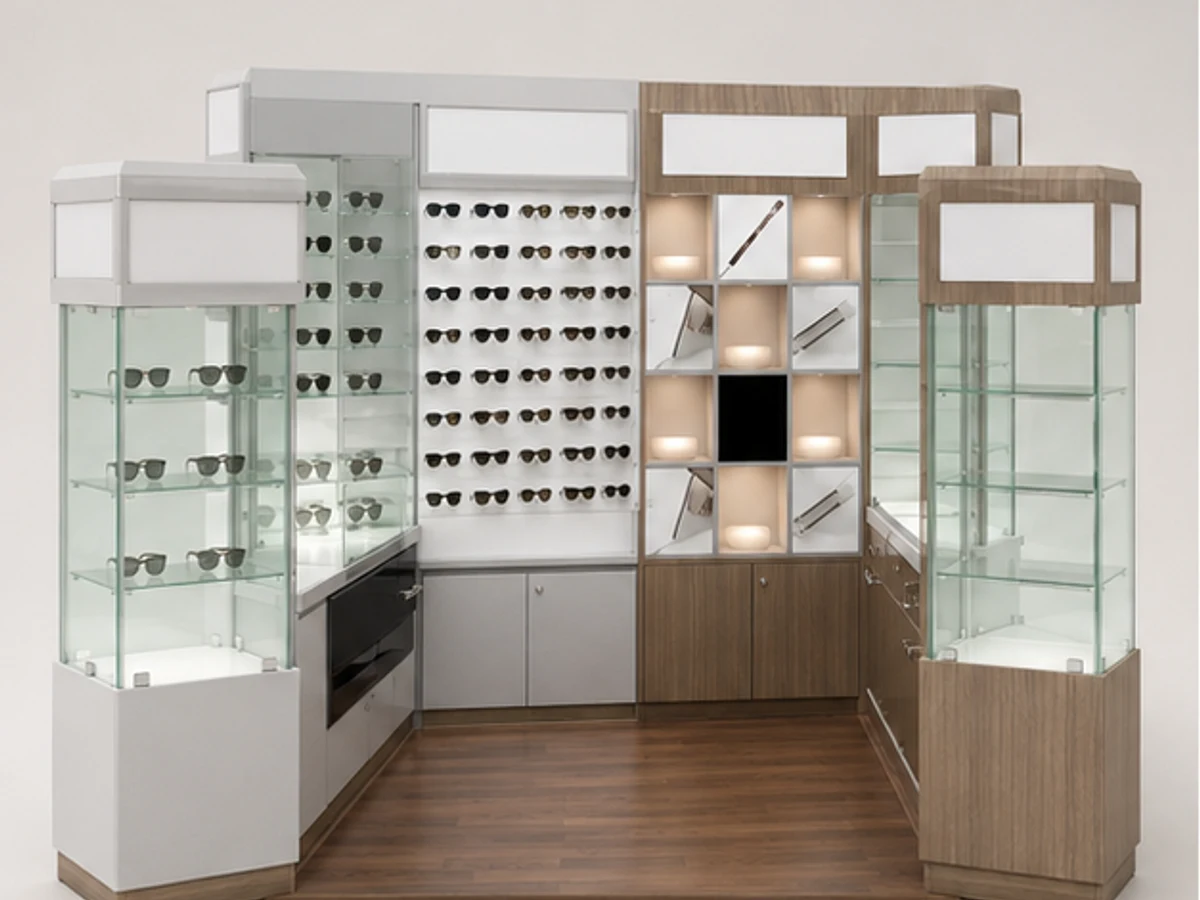 Wood Custom Glasses Display Mall Retail Optical Kiosk New 3D Sunglasses Counter main mall-facing view