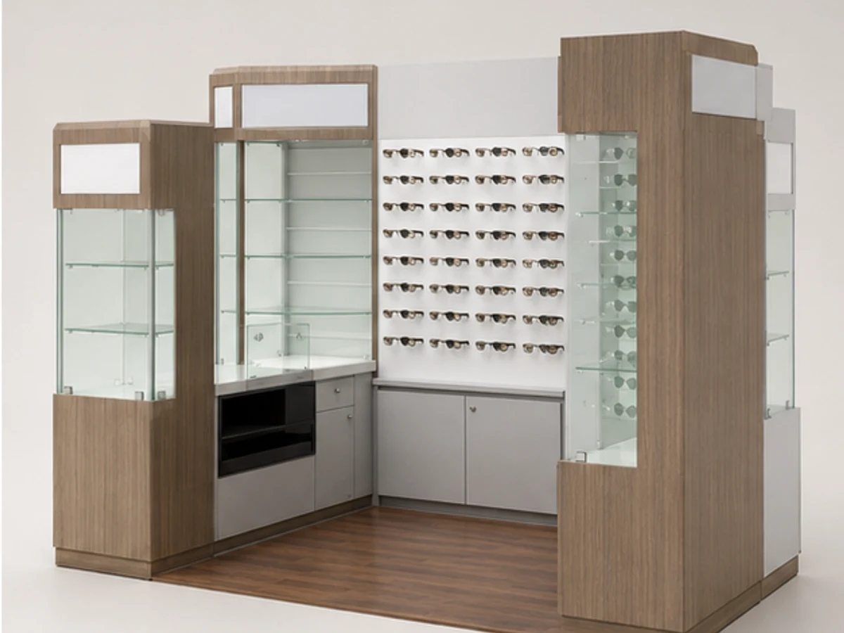 Wood Custom Glasses Display Mall Retail Optical Kiosk New 3D Sunglasses Counter angled eyewear display view