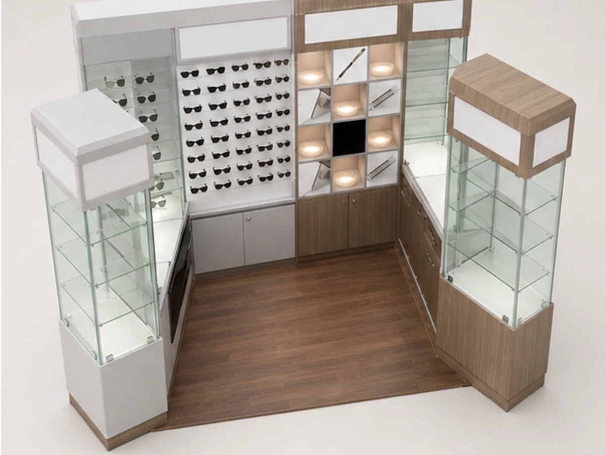 Wood Custom Glasses Display Mall Retail Optical Kiosk New 3D Sunglasses Counter staff storage and display detail