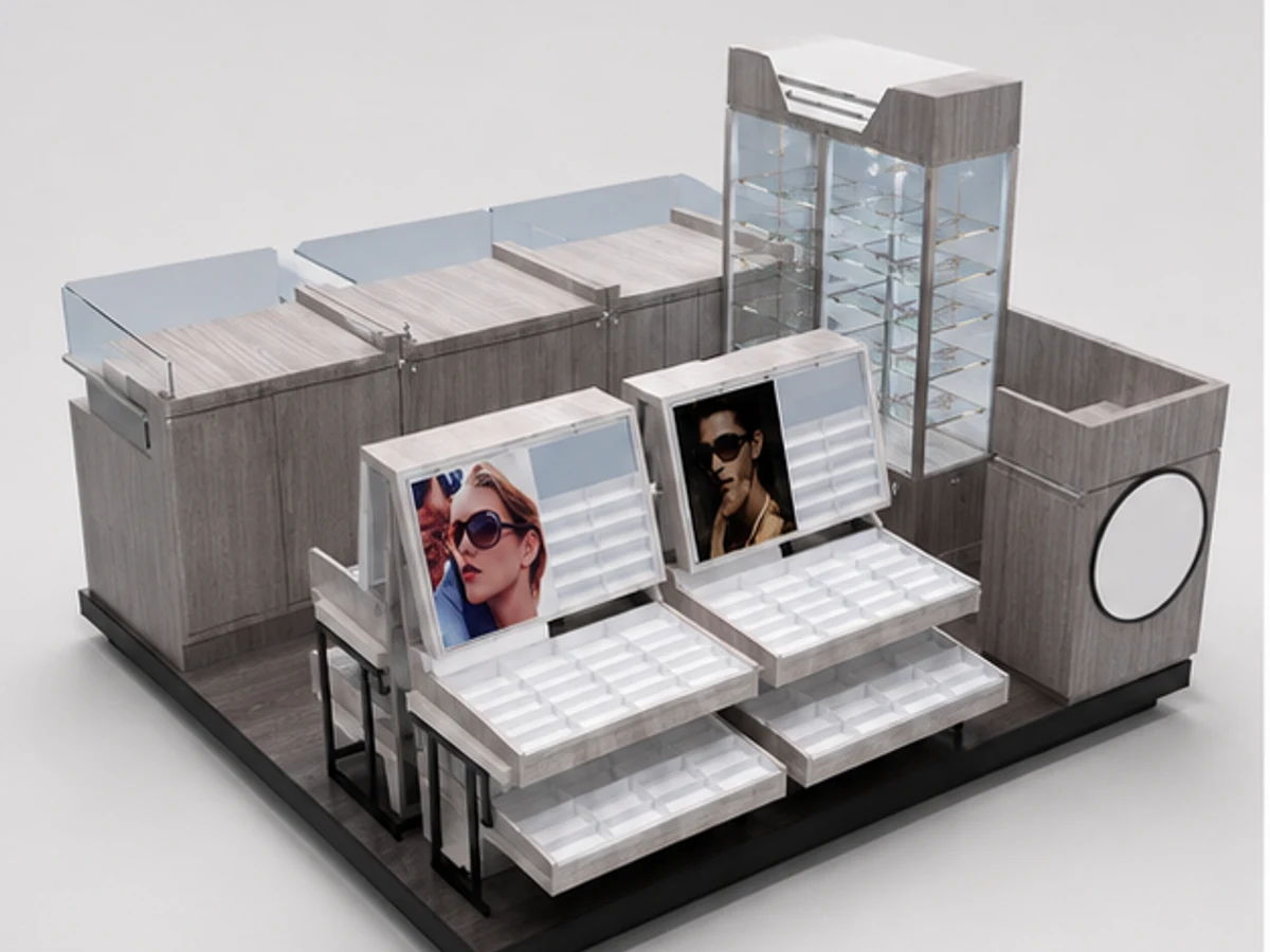 Wooden Sunglass Kiosk Stands Design of Indoor Retail stall for sale main mall-facing view