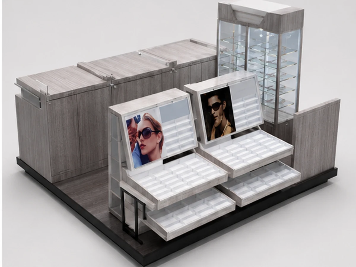 Wooden Sunglass Kiosk Stands Design of Indoor Retail stall for sale angled eyewear display view