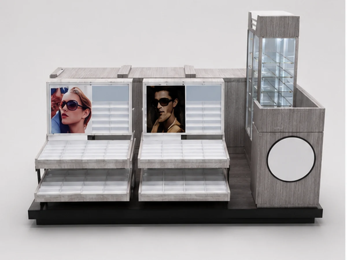 Wooden Sunglass Kiosk Stands Design of Indoor Retail stall for sale mirror and frame browsing area
