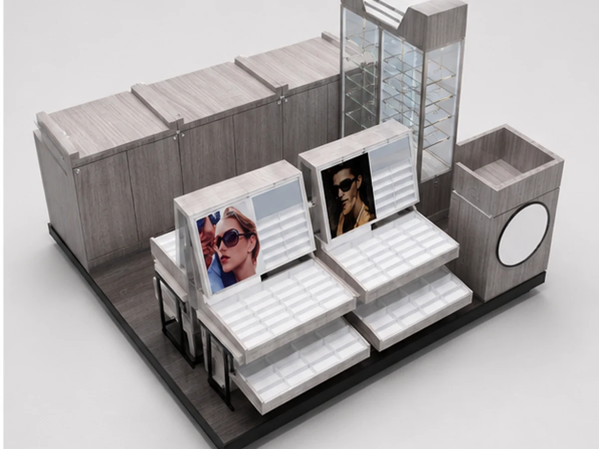 Wooden Sunglass Kiosk Stands Design of Indoor Retail stall for sale staff storage and display detail